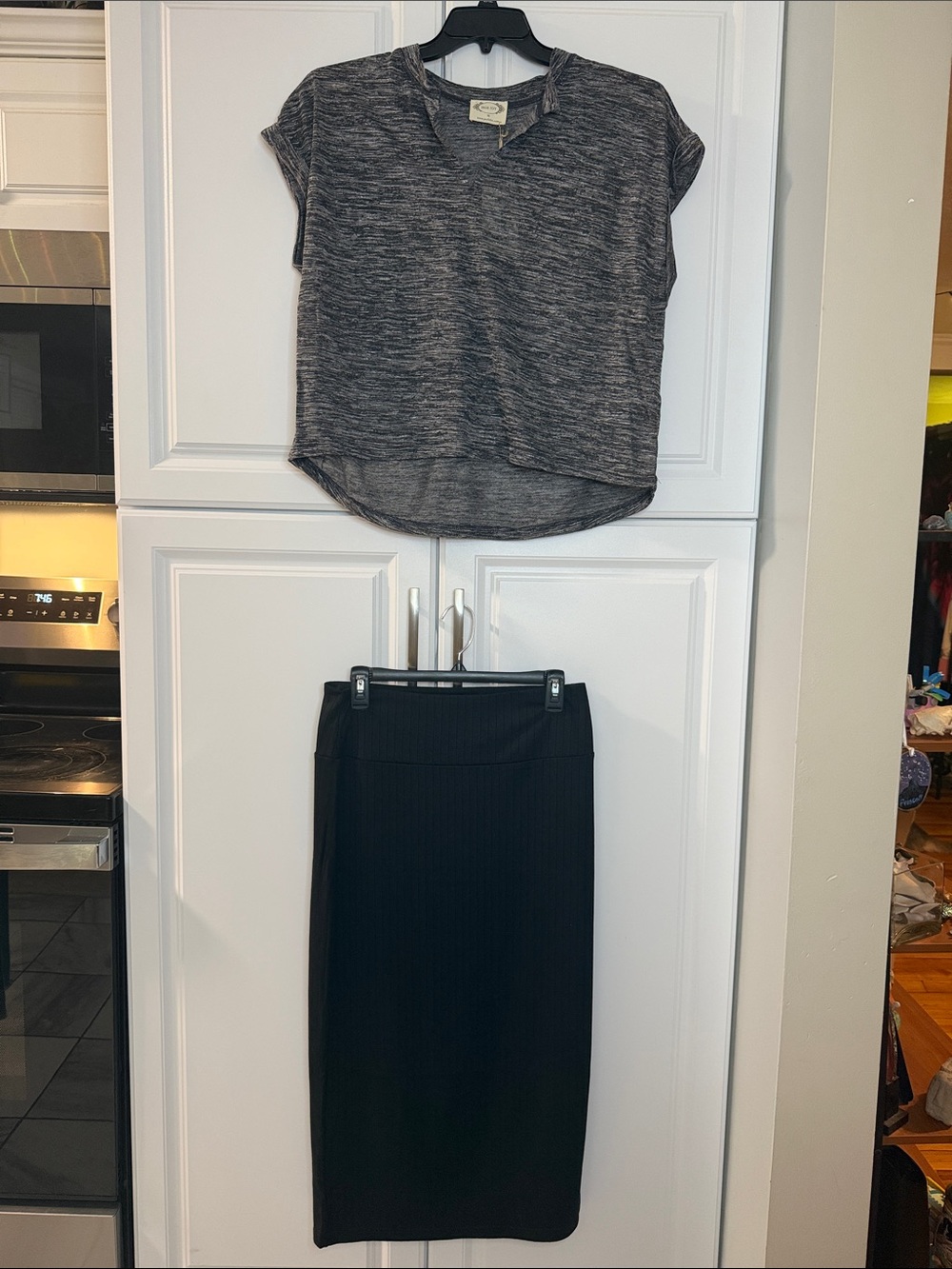 Women's Black Ribbed Midi Skirt Set with Heathered Top - Unbranded